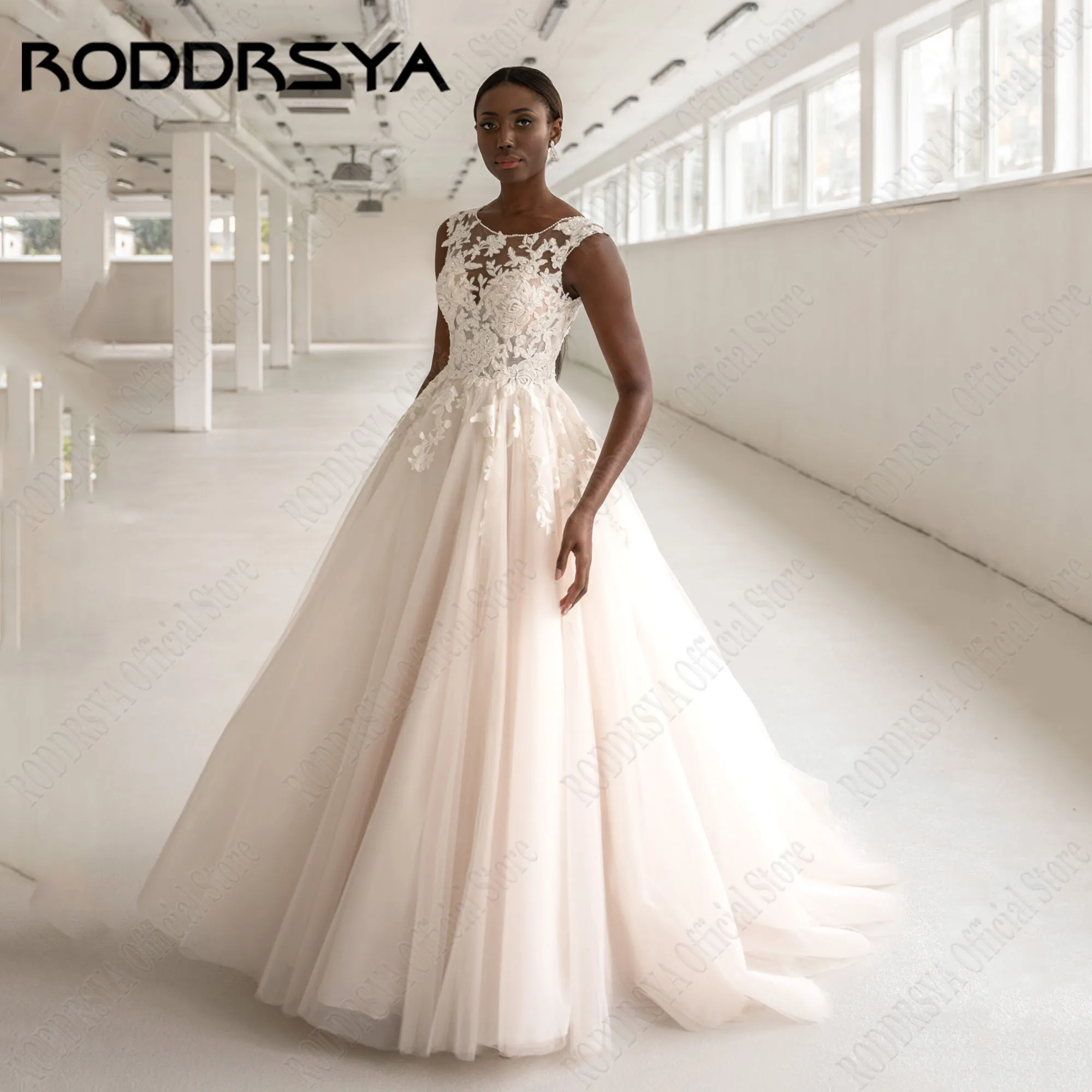 RODDRSYA-vestido de novia elegante sin mangas para mujer, vestidos de novia de línea a de encaje, cuello redondo, botón trasero, tren de barrido de tul, talla grandeVestido de novia femenino roddsya elegante sin mangas