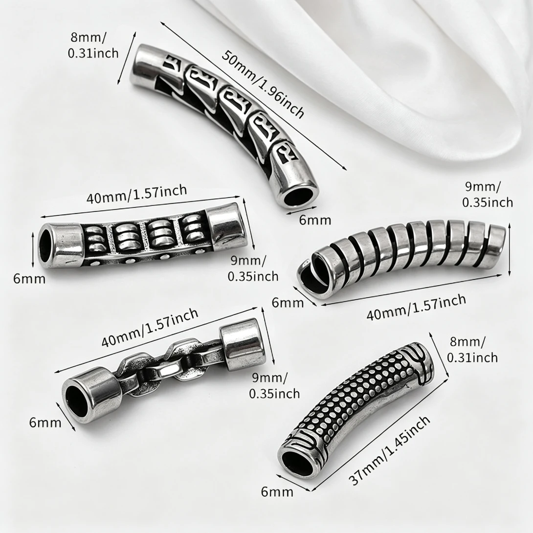 5/10Pcs Stainless Steel Curved Tube Spacer Beads Multi-Style Retro Engraved Hole 6MM Bead For Men Leather Bracelet DIY Jewelry