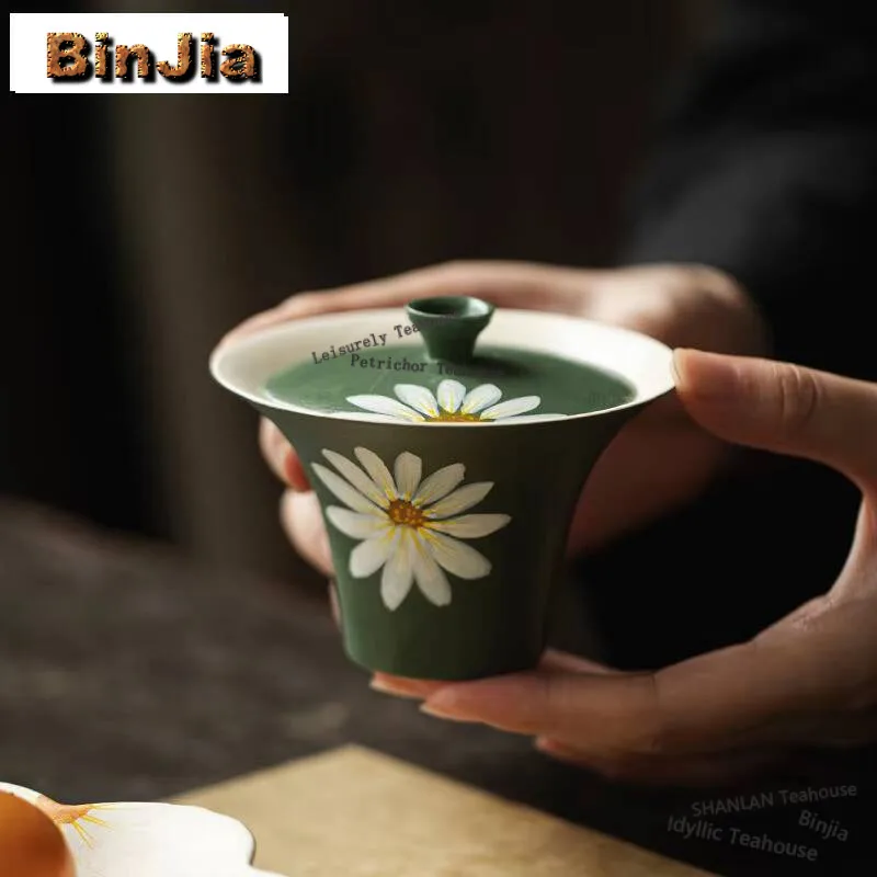 

125ml Ink Green Powder Yin Cover Bowl Hand-painted Small Daisy Gaiwan Boutique Horseshoe Tea Tureen Tea Making Teaware Craft
