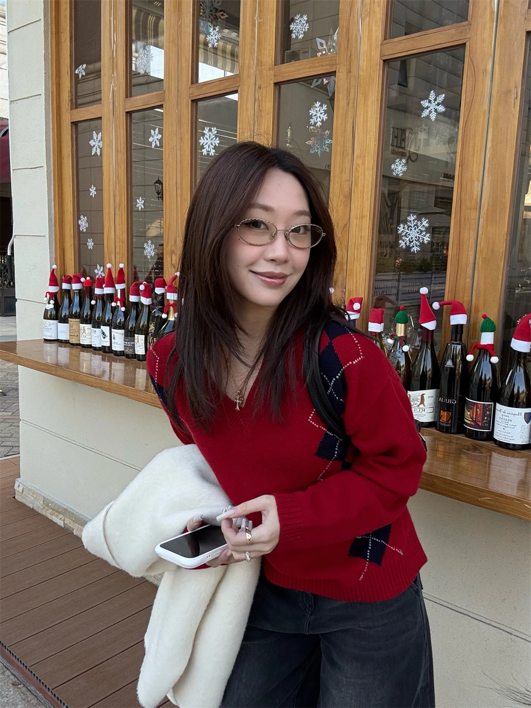 

Winter New Arrival 00% Wool V-Ne Knitted Sweater Color Blo Diamond Pattern Retro Sle Women's Loose Fit Long Sve Top