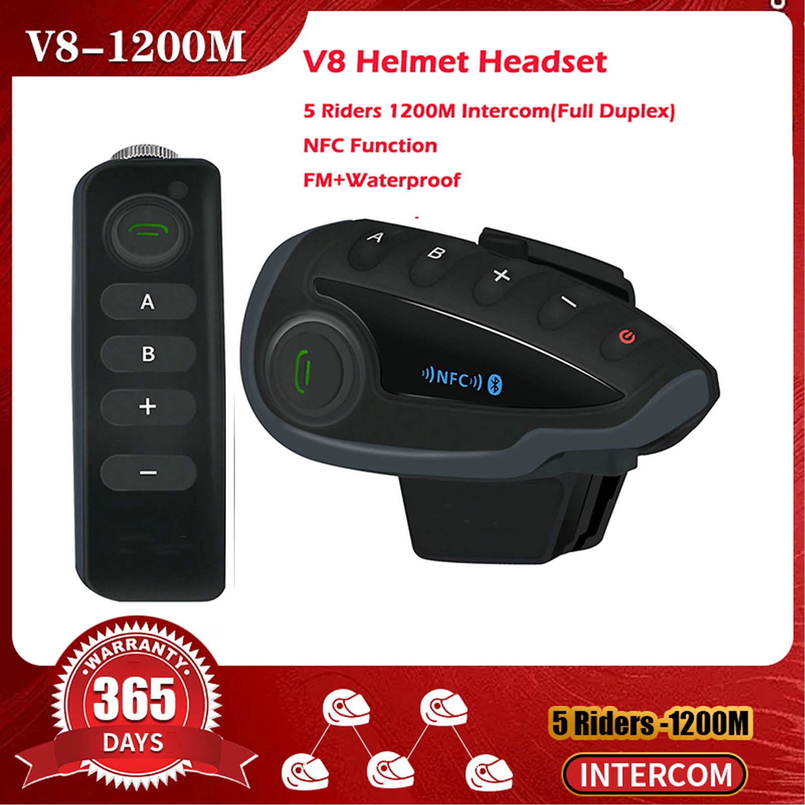 

Motorcycle Helmet Intercom Headset 1200M Bluetooth Interphone Comunicator Full Duplex For 5 Riders NPC Remote Control + FM Radio