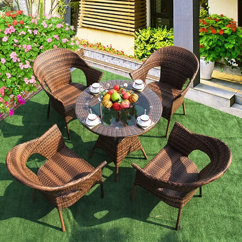 Outdoor Rattan Table and Chair Set 3 Piece Patio Balcony Furniture 5 Piece Combination Hotel Dining Chairs Rattan Art Factory