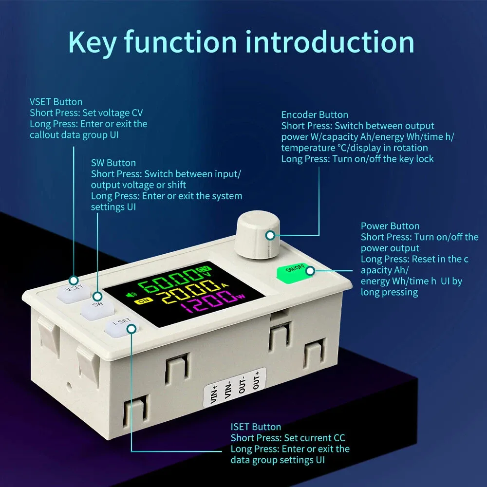 XY6020LV CNC DC Step Down Power Supply Module 6-70V Input 0-60V 0-20A Output with Full VA LCD Display and Gold Plated Panel