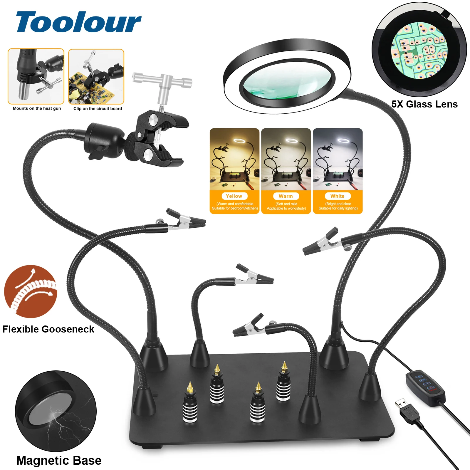 Toolour Soldering Helping Hands Magnetic PCB Circuit Board Holder 360 Hot Air Gun Holder with 5X LED Magnifying Glass Lamp