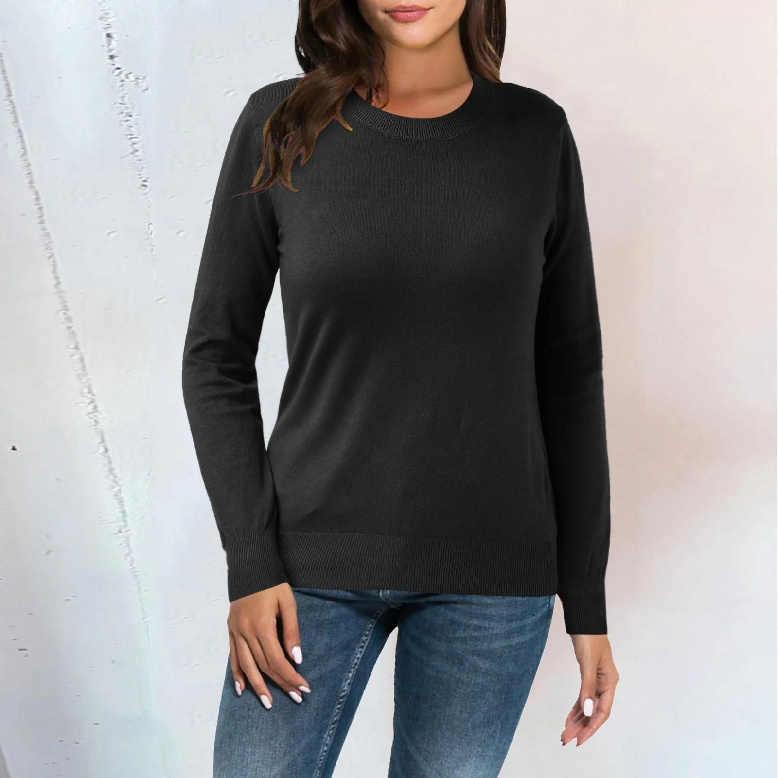 Casual effen kleur ronde hals dieptepunt shirt losse lange mouwen gebreide trui top dames thermische eenvoudige veelzijdige trui