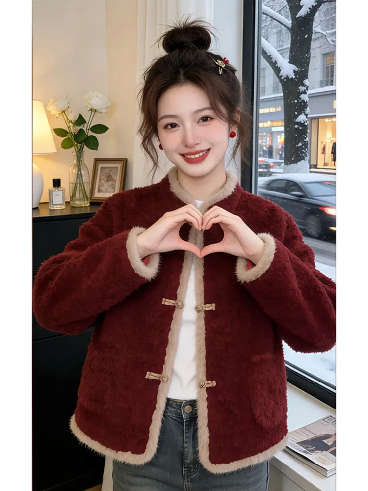 

Casual Lamb Fur Collar Stand up Coat Women's Faion Chinese Sle Patchwork Color Blo Cotton Jaet Winter New Arrival