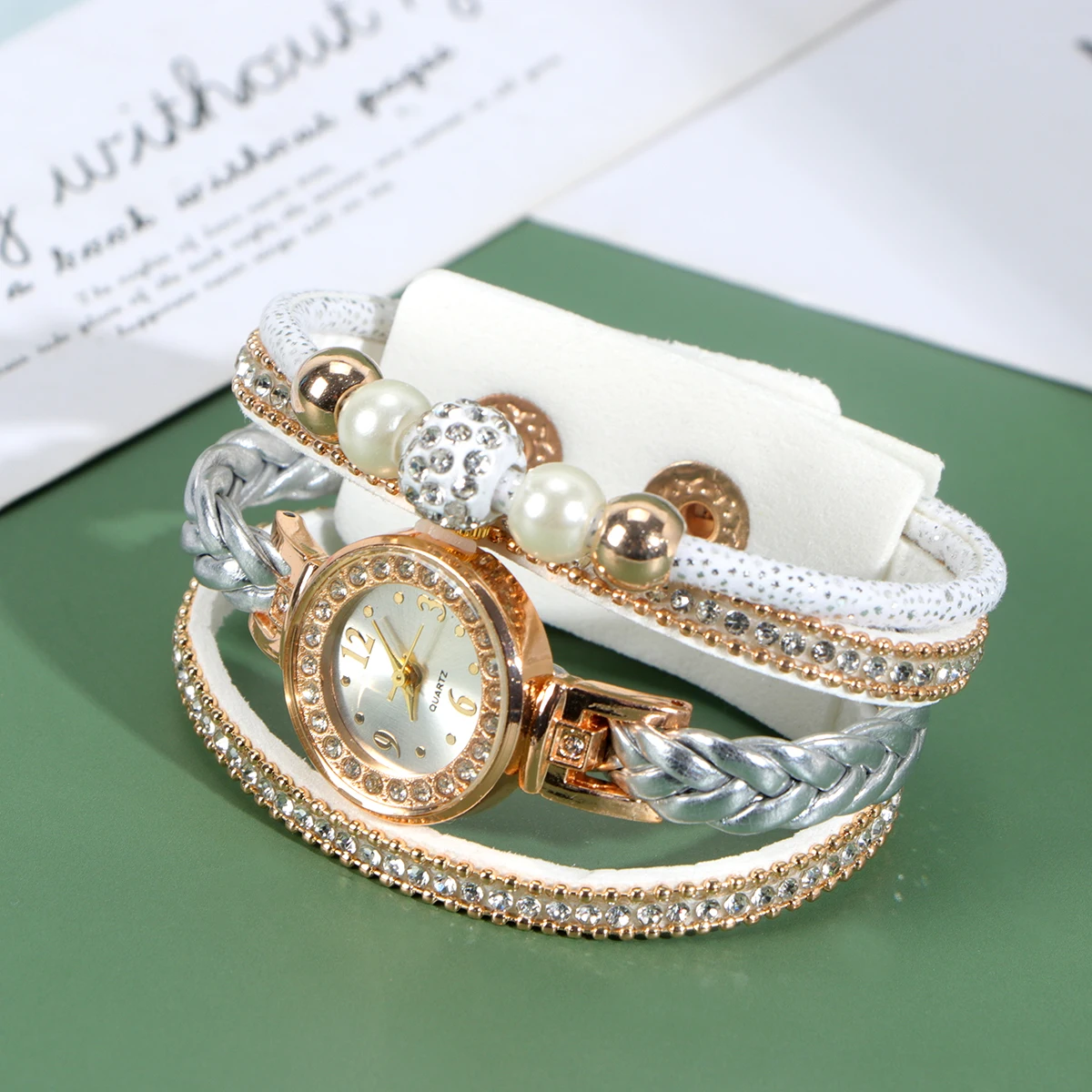 Rhinestone Women Braided Wrist Watch Fashion Quartz Watch Wrist Chain White Unique Design Durable Safe Material Creative