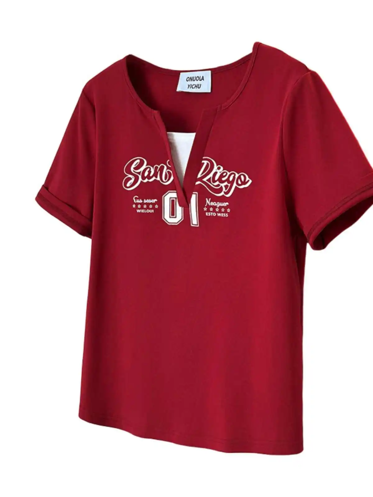 Sommer Brief Gedruckt Fake2 stück T-shirt Frauen V-ausschnitt Spleißen Kurzarm T-shirts Casual Retro Mode Lose Tops