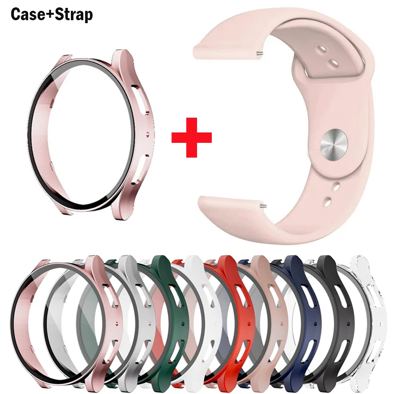 Gehärtetes Glas + Gehäuse + Armband für Samsung Galaxy Watch 7 6 4 5 40 mm 44 mm Silikonband + Displayschutzfolie 2er-Pack Uhrenzubehör