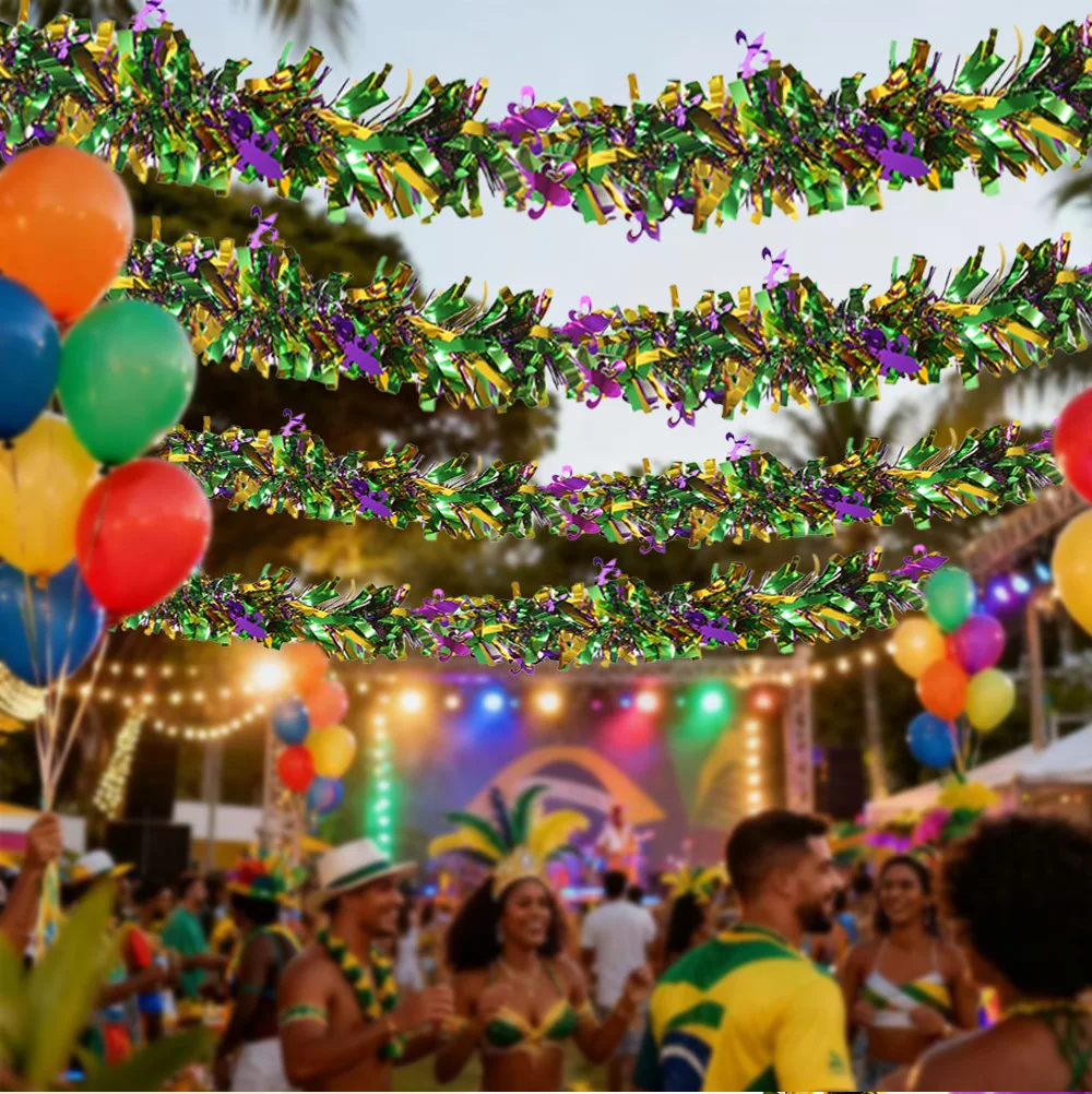 2M Karneval-Lametta-Girlanden, lila, grün, goldfarbene Fransen-Girlande, hängende Glitzer-Luftschlangen für Karneval, festliche Partygeschenke, Dekoration – Detail 5