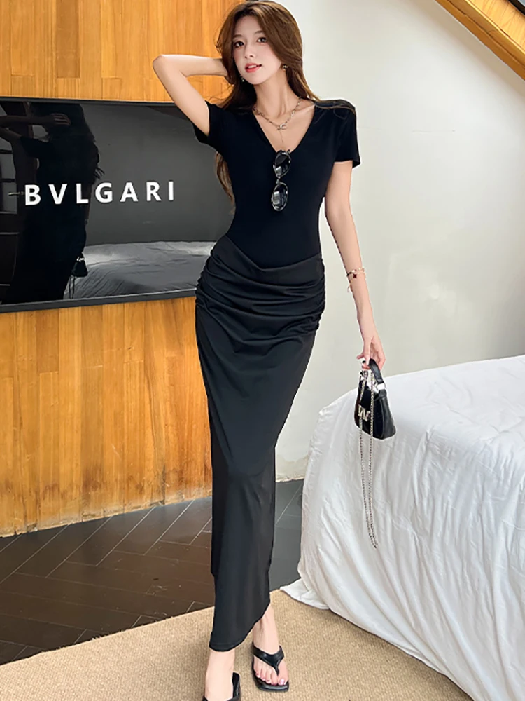 

Женское корейское винтажное роскошное длинное платье Хепберн, летнее черное вязаное лоскутное атласное платье, 2025 элегантное облегающее праздничное платье, Vestidos