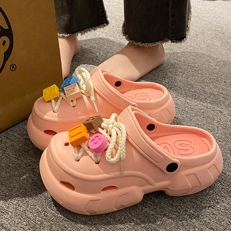 Thick Women's Hole Shoes High Heel Soft Sole Beach Garden Shoes Cartoon Accessories Hole Slippers Comfortable Soft Beach Sandals