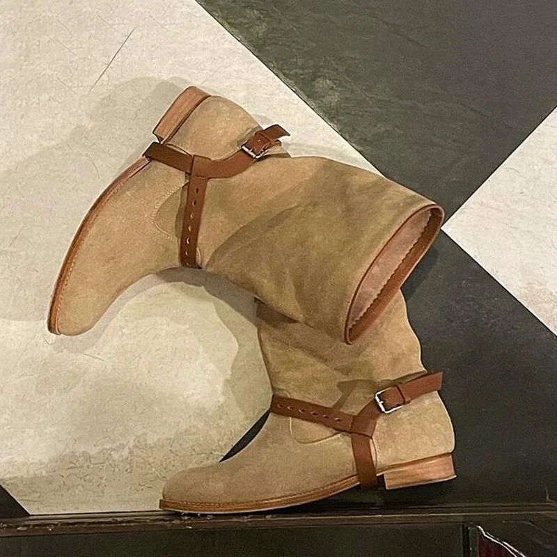 

Vintage Belt Buckle Western Cowboy Mid-calf Boots Women Versatile Thick Heel Riding Boots Knight Boots