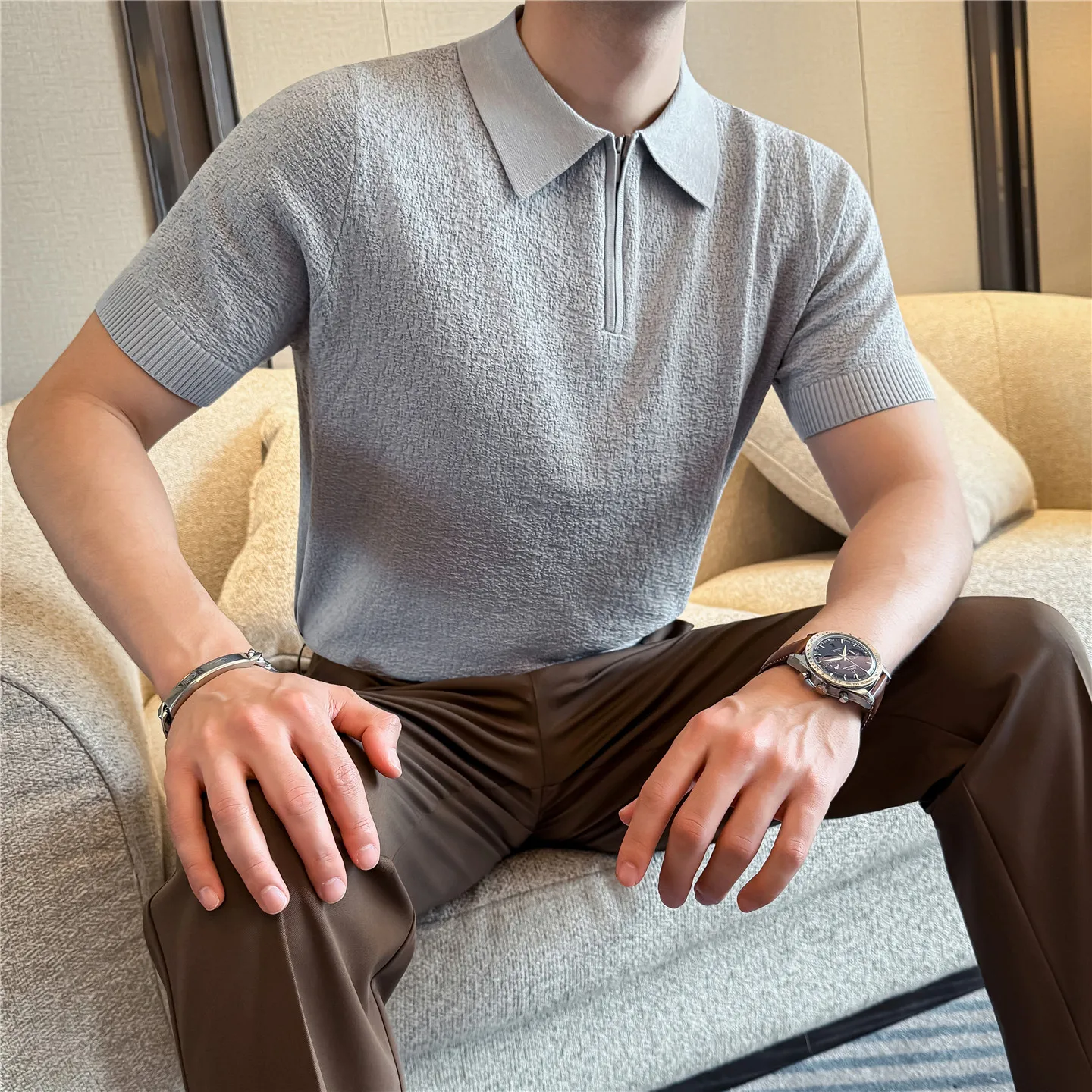 Men Summer Short Sleeve Half Zip Polo Shirt Old Money Style Knitted Jacquard Solid Color Smart Casual Top