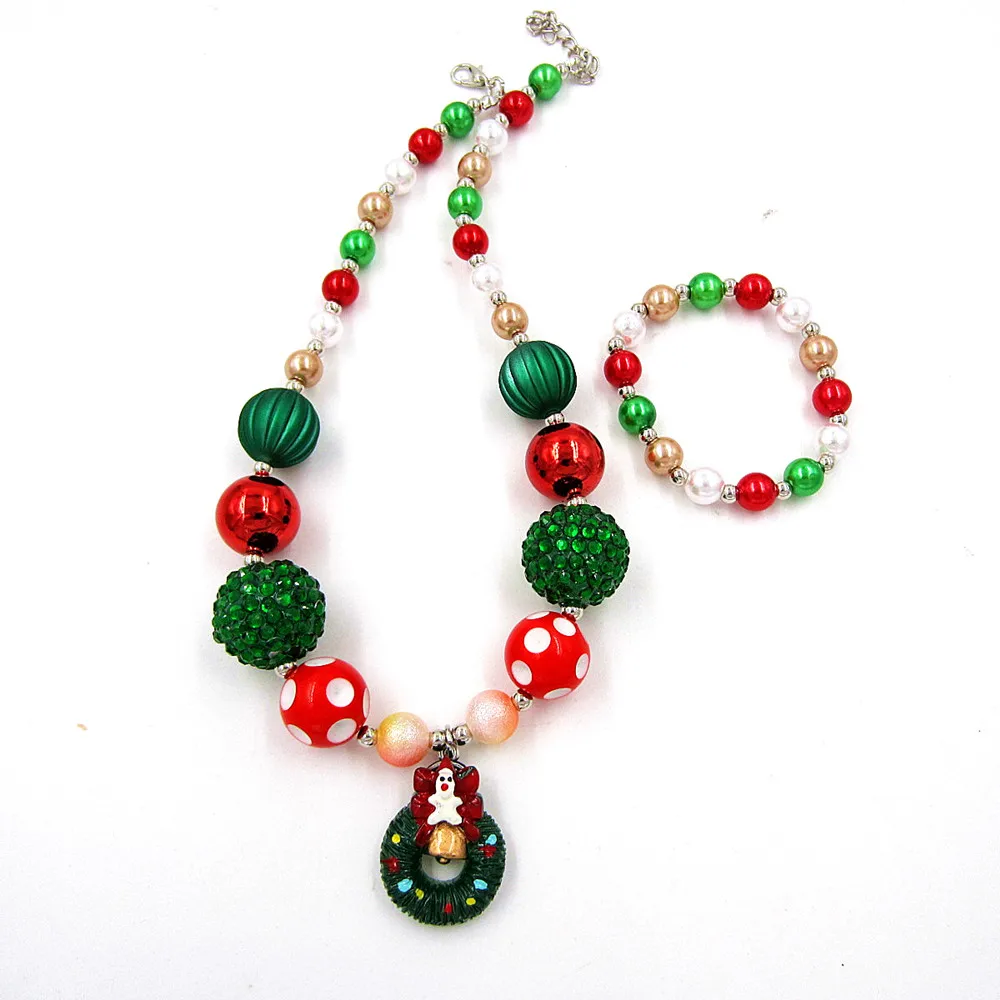 Children Girls Cute Doughnut Charm Necklaces Girl Chunky DIY Red+Green Bead Necklace Bracelet Jewelry Christmas Toy Gift To Kids