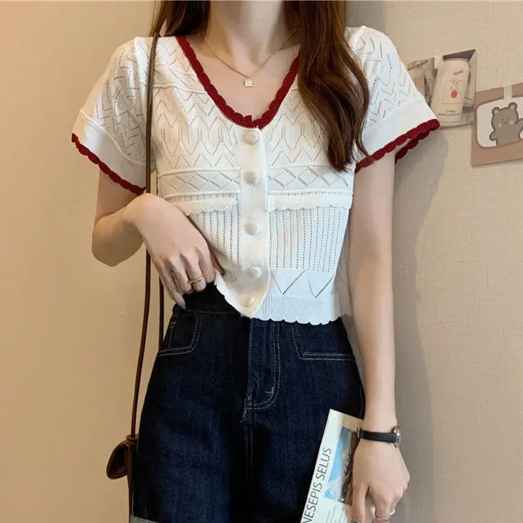 V Neck Fashion All Match Kawaii Female Girl Clothing Summer Prairie Chic Patchwork Club Tops Y2K T Shirt Higt Street Women's Tee