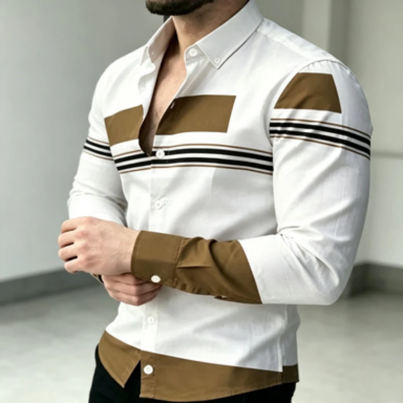 Men's Shirt Trendy Men's Color Block Splicing Long Sleeve Shirt Horizontal Stripe Decorative Collar Shirt European and American