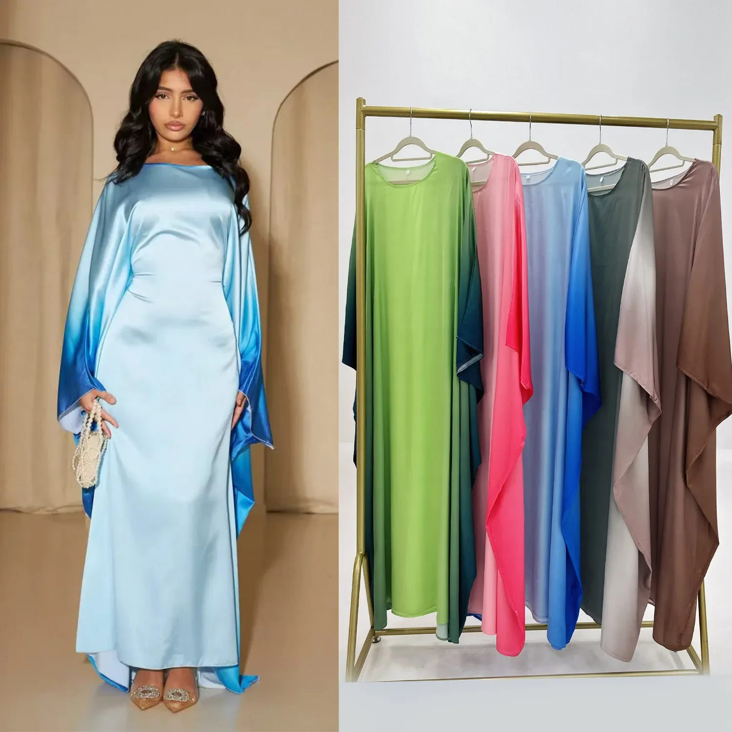 Butterfly Abaya Inside Belt Muslim Party Long Dress Gradient Satin Abayas for Women Dubai Turkey Islamic Clothes Eid Kaftan Robe