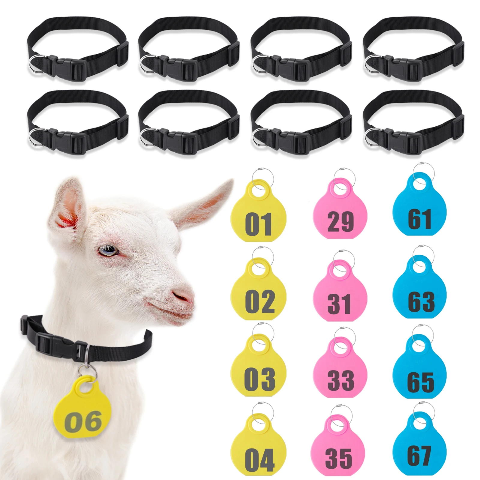 Adjustable Nylon Collar Pet Livestock Hang Tag with Double-sided Serial Number for Farm Livestock Animal Pet Goat Sheep 28 Pcs