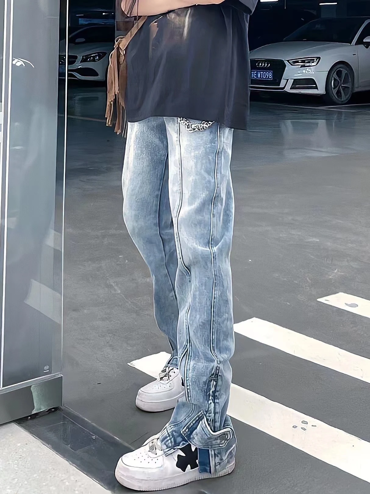 High Waist Straight Leg Denim Jeans Women's Split Design Slimming Loose Fit Retro American Style Bell Bottom Floor Length Trendy