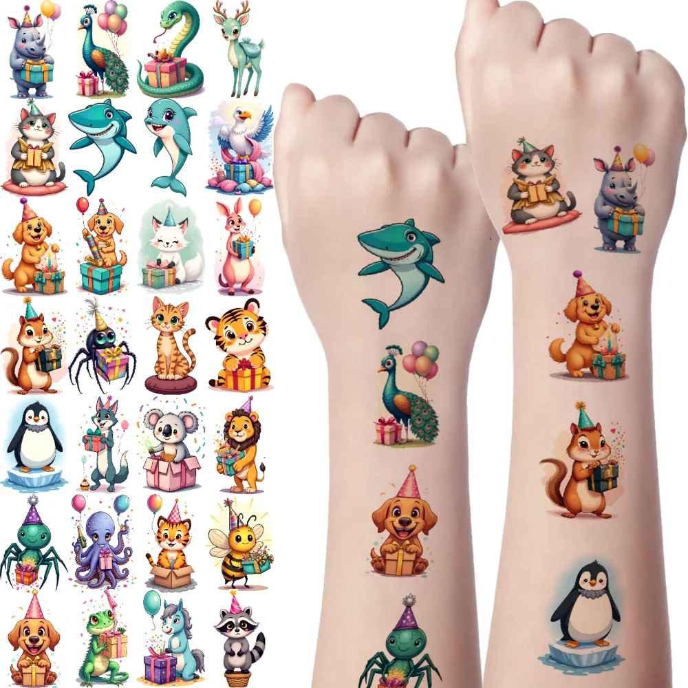 

54pcs Temporary Tattoo Birthday Stickers Waterproof Long-lasting Body Stickers Animal Stickers Cartoon For Arms