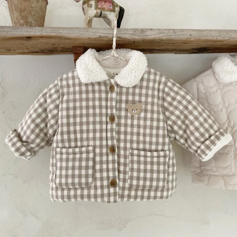 2024 New Cute Solid Color Boutique Newborn Girl Coat Turn Down Collar Classic Plaid Winter Cotton Jacket Warm Children Clothing