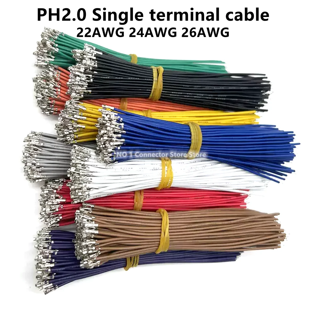 Fil terminal de connecteur PH2.0, câble électronique à tête unique, pas de 100mm, 22AWG, 24AWG, 26AWG, 10cm, 20cm, 30cm, 40cm, 50cm, 2.0 pièces