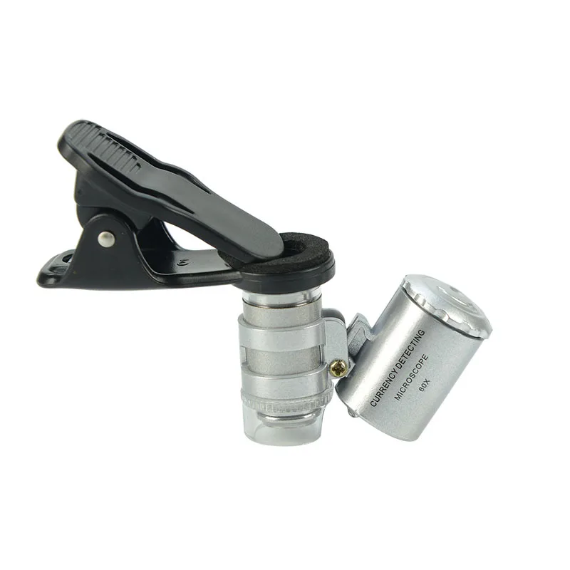 Microscópio Celular com Clip Universal, Lupa, LED Iluminado Lupa, 60x, 2 LED e 1 UV