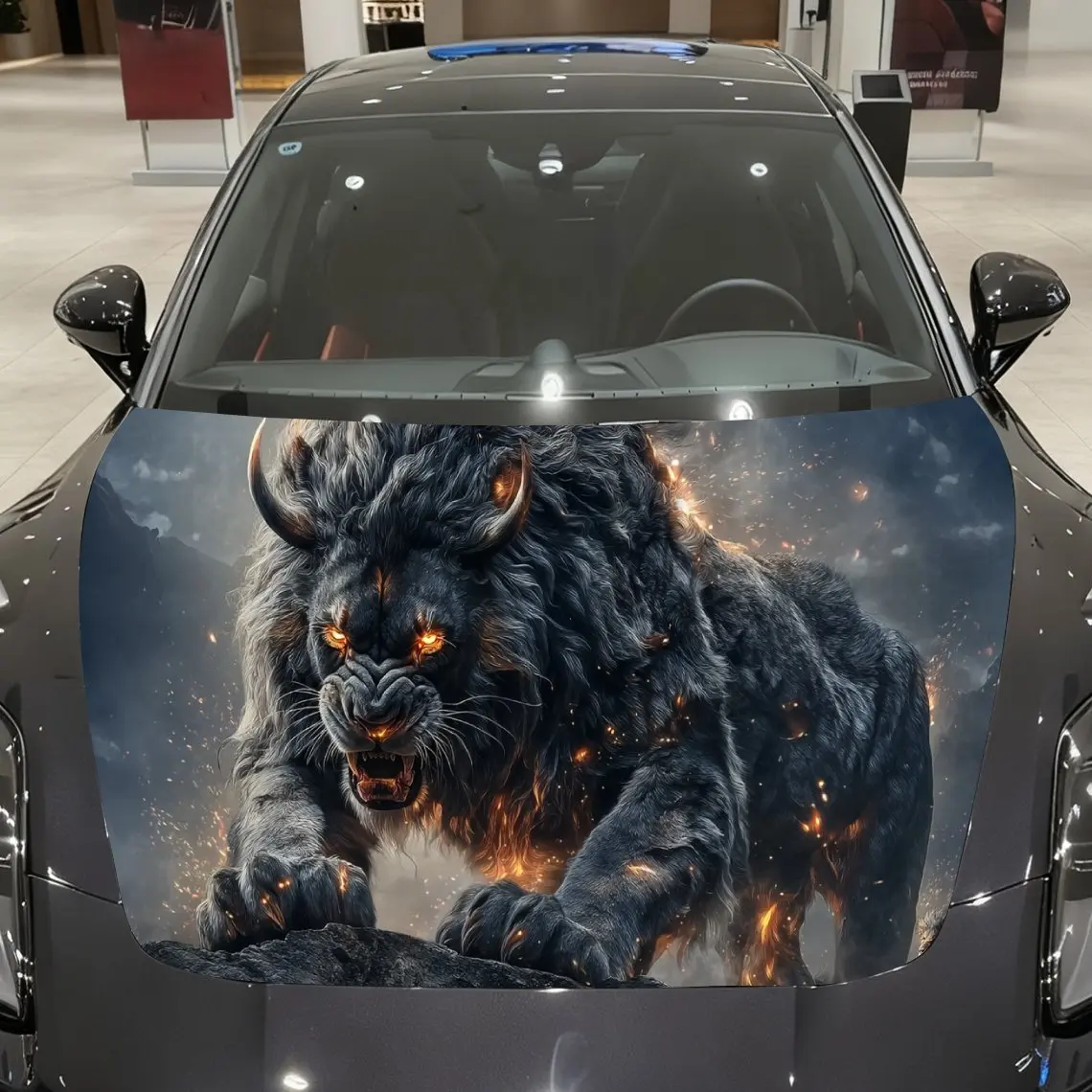 

Blaze Demon Lion Car Vinyl Wrap, PVC Material Waterproof Car Hood Sticker, Self-Adhesive Scratch-Resistant Stickers for Engine C