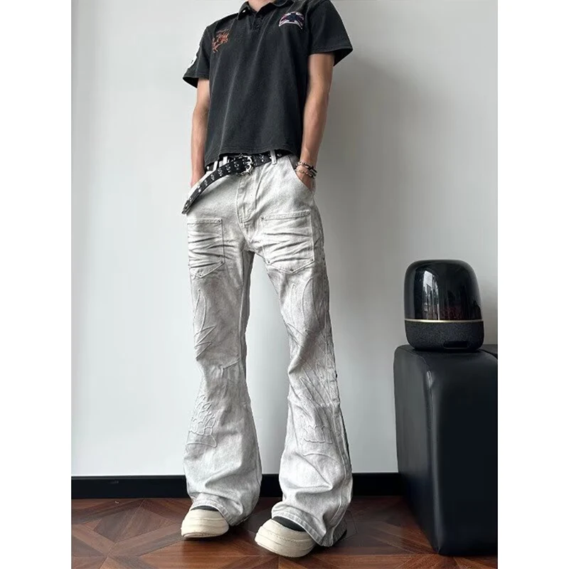 Man's American Retro Y2K Flare Jeans White Washed Patchwork Y2K Vintage Hrajuku Punk High Waist Slim Streetwear Denim Pants