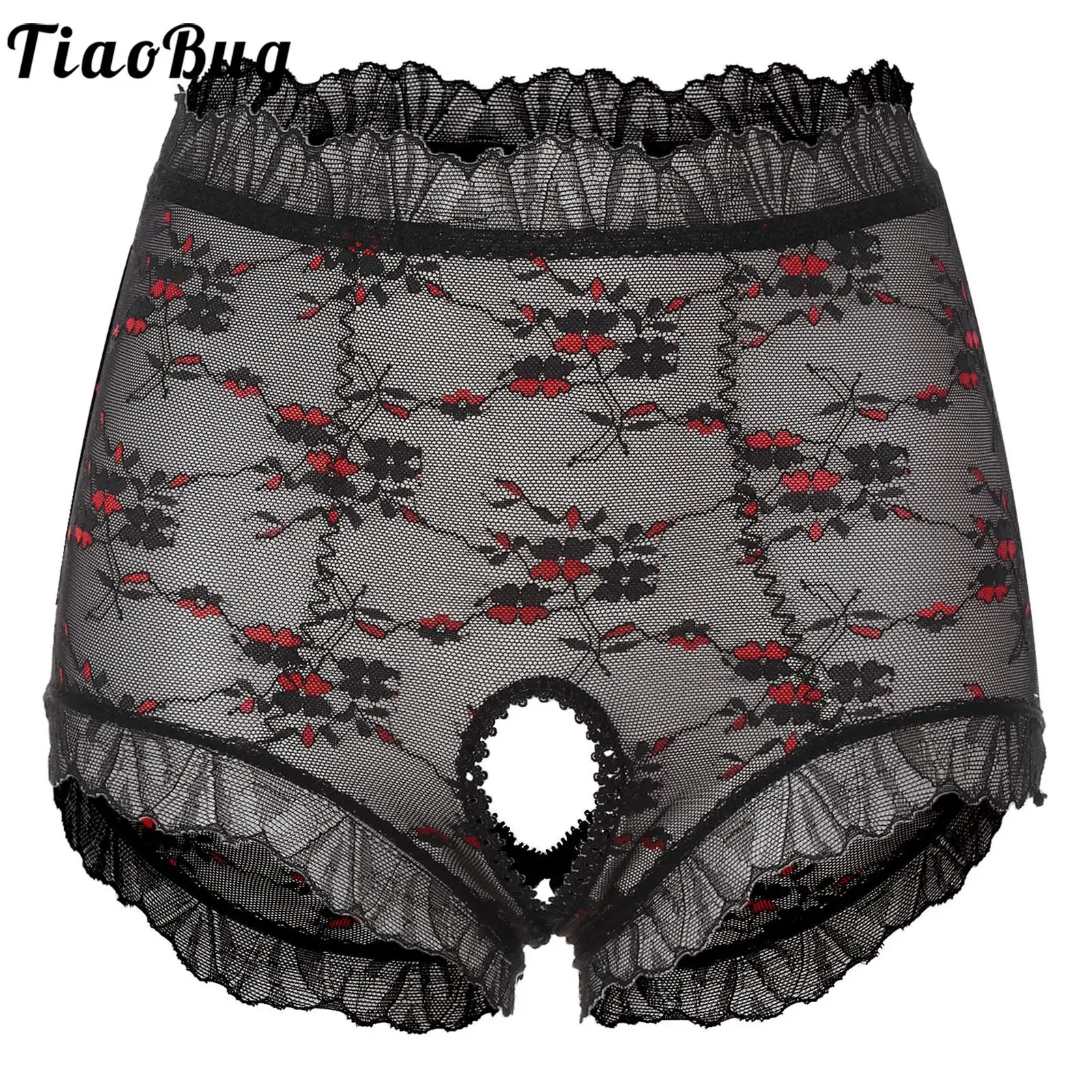 Women Floral Lace Bikini Briefs Lingerie Underwear Crotchless Briefs See-through Panties High Waist Underpants Swimwear