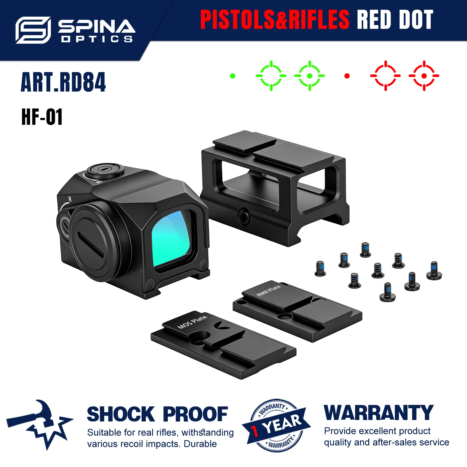 SPINA Optics Pistol&Rifle Red Dot Green Dot Multi Reticles 3MOA Shake Awake P320 Pistol fit A.C.R.O.Glock MOS HS 407C/507C AR15