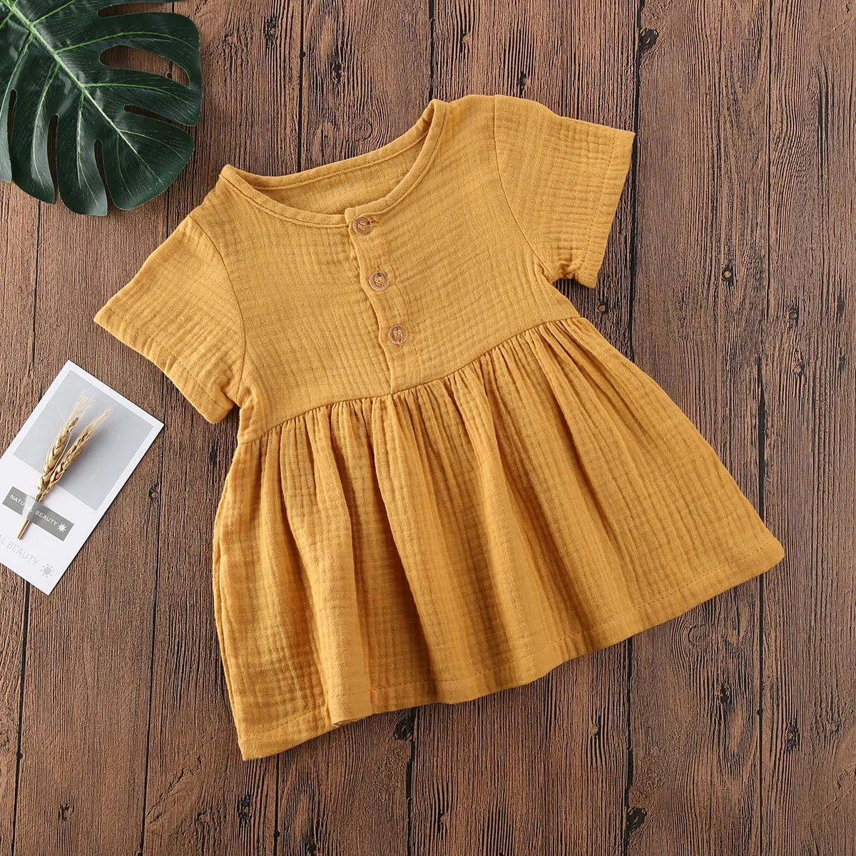 Toddler Baby Girl Summer Dress Solid Color Short Sleeve Button Cotton Linen A-line Mini Dress