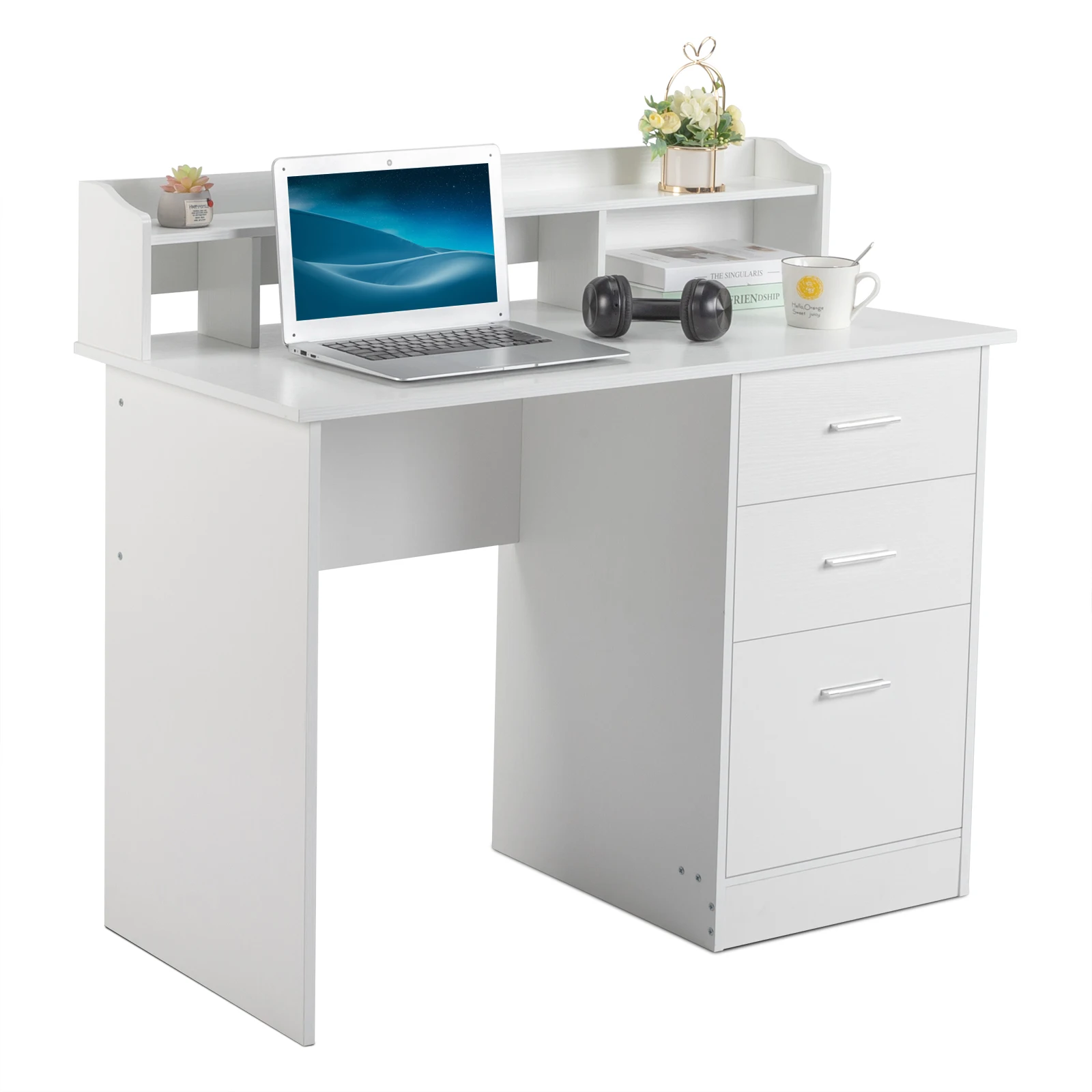 FCH-Panneau de particules en triamine, 110x50x95cm, couche de stockage de bureau, trois mèches de proximité, bureau d'ordinateur, bois blanc Mars