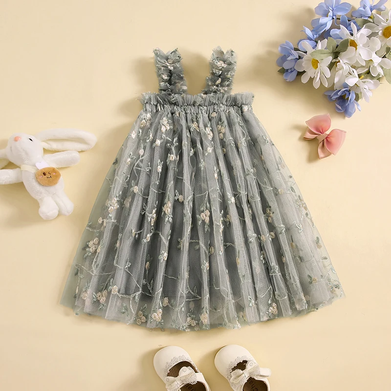 2024-03-06 Lioraitiin 6M-4Y Summer Kid Baby Girls Sweet Cami Dress Sleeveless Floral Embroidery A-line Mesh Princess Dress