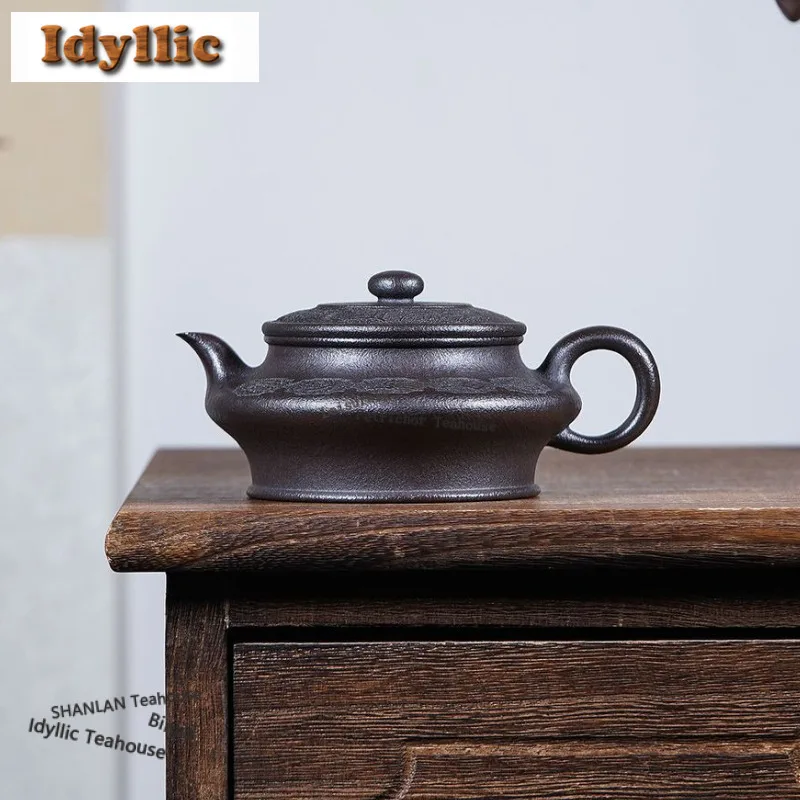 

190 мл Исин Фиолетовые глиняные чайники Плоский горшок ручной работы Сырой рудный камень Желтый грязевой чайник с заварочным устройством Чайный сервиз Zisha Чайная церемония Ремесло