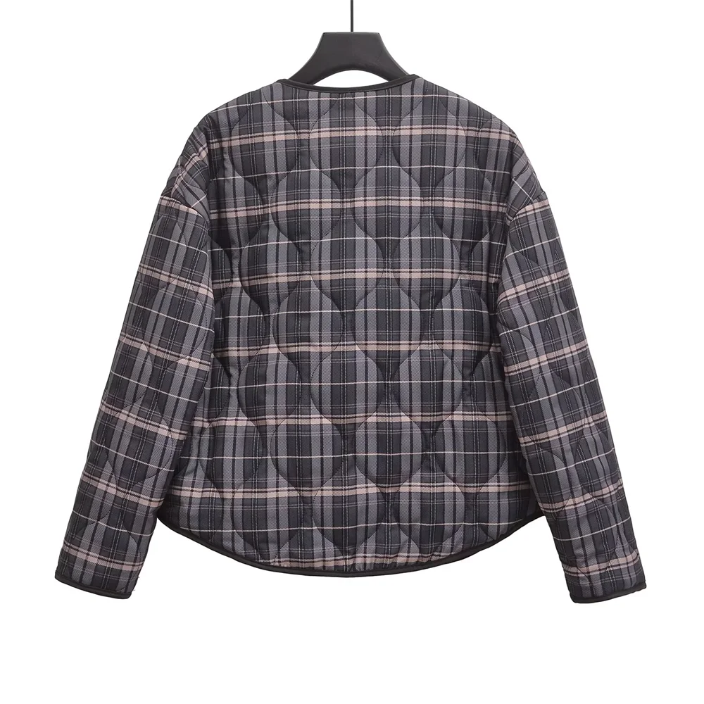 2024 Autumn/Winter New Wide Edge Commuter Plaid Long Sleeve Round Neck Versatile Cotton Jacket for Women