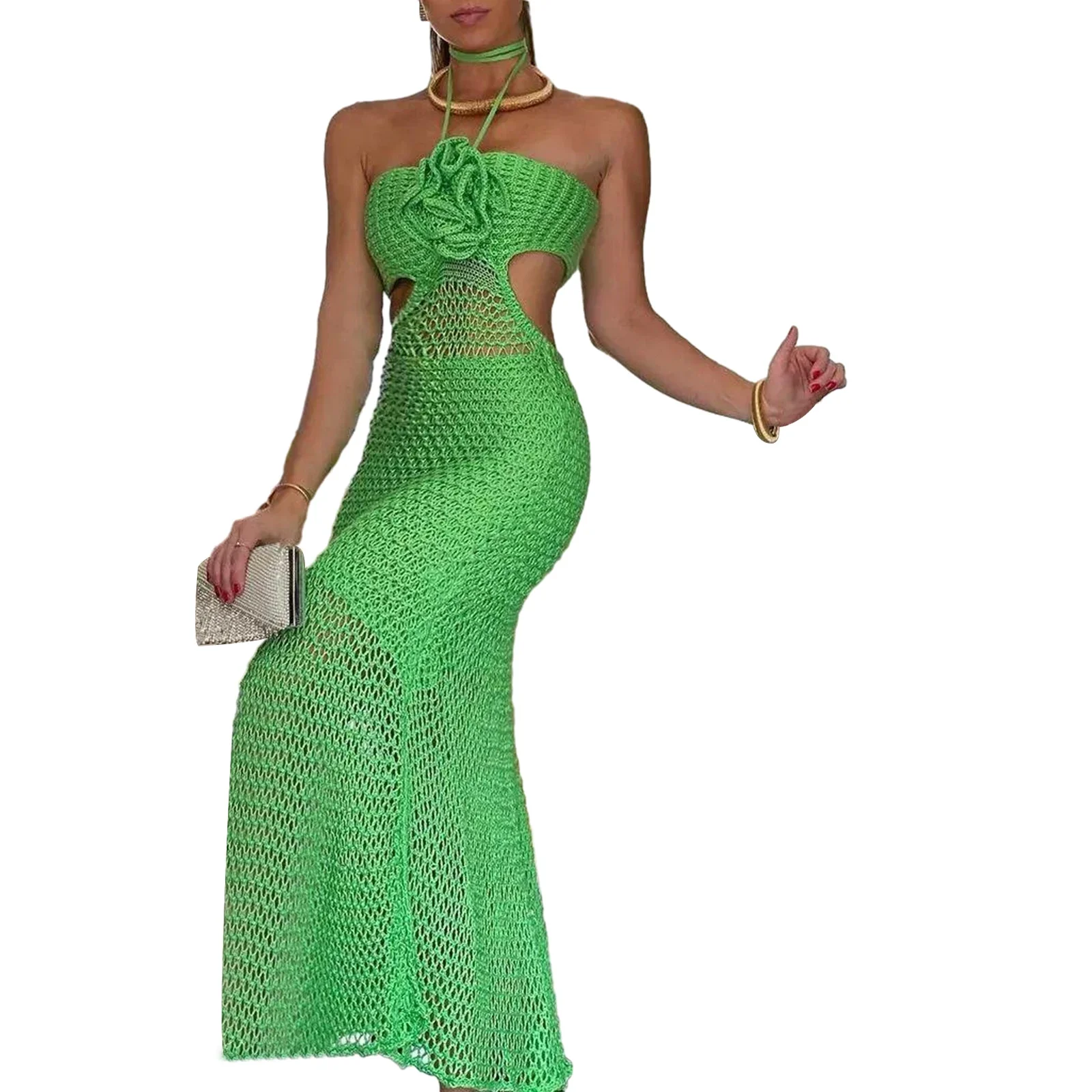 3D Flower Solid Color Long Dress for Party Club Women S Knitted Halter Dress  Fit Hollowed Cutout Sleeveless See Through