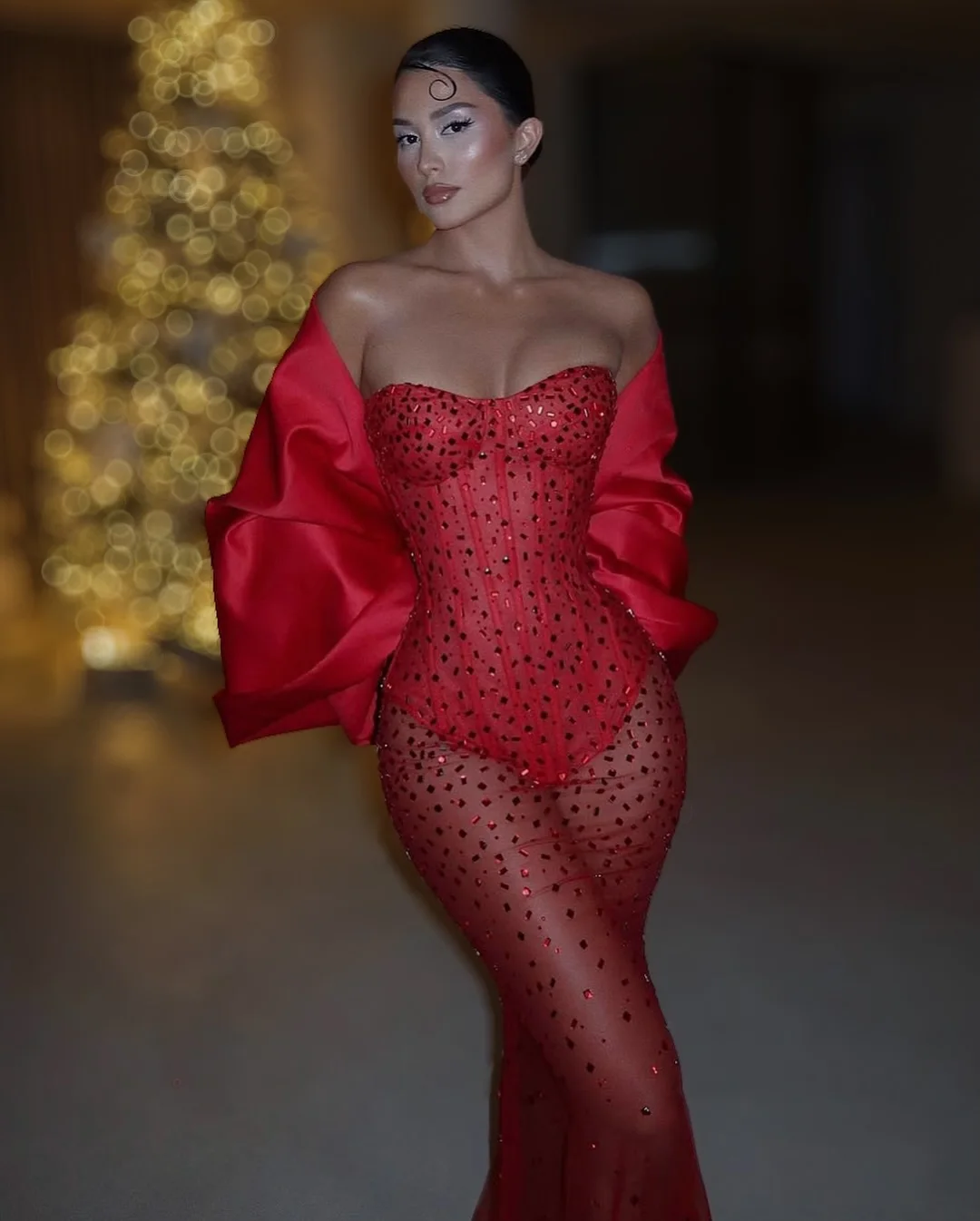 

New Design Red Sexy Crystal Fishbone Corset Illusion Sheer Tulle Mermai Evening Dress With Shawl Charming Formal Party Dress