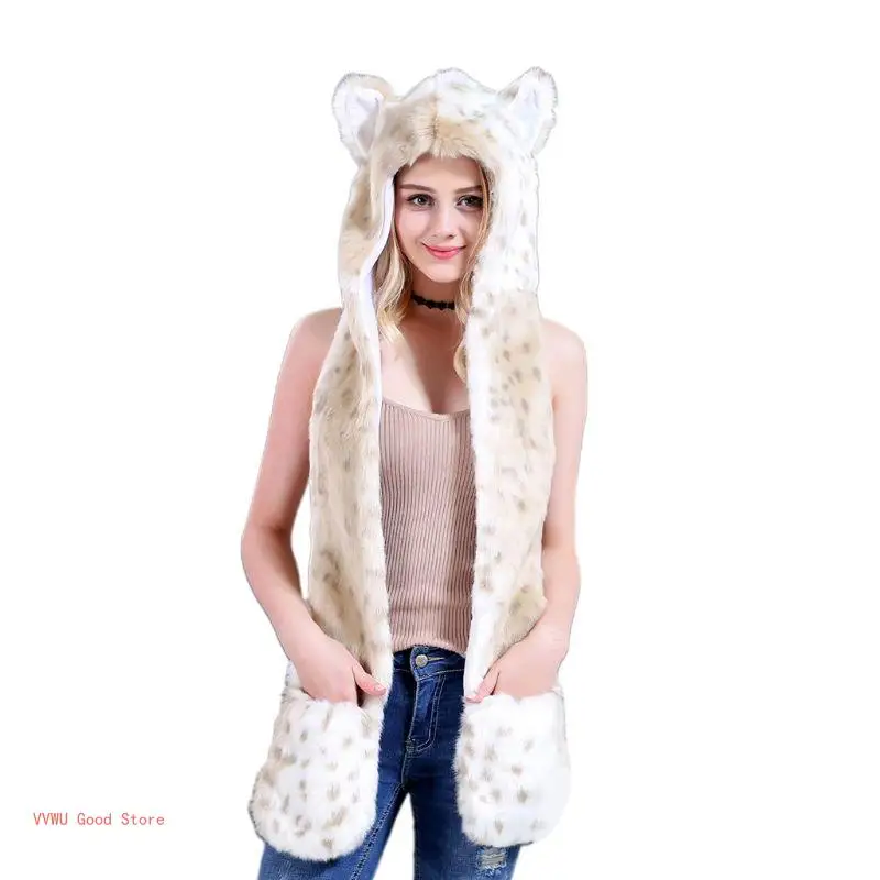 Winter Faux Fur Plush Hood Hat Scarf and Gloves Mittens 3 in 1 Long Hooded Shawl