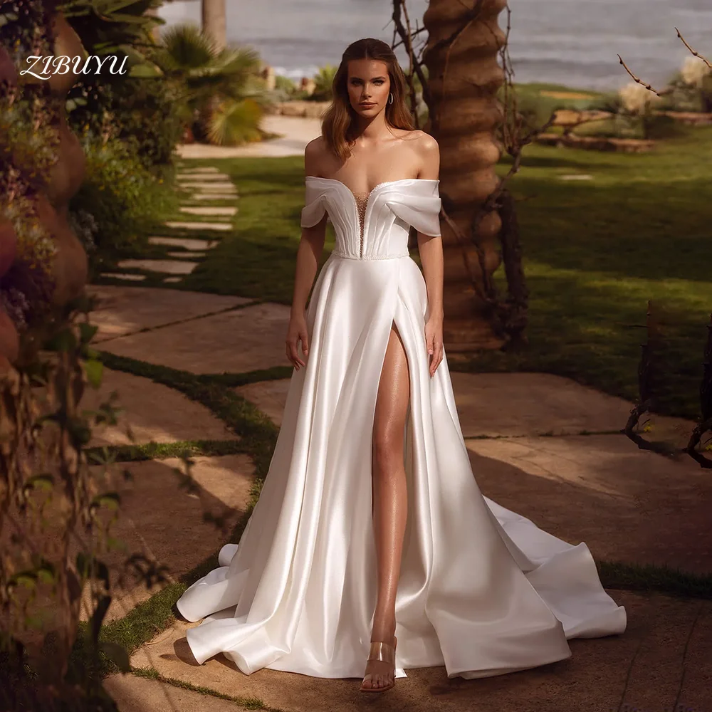 

ZIBUYU Customized Elegant Luxury Wedding Dress 2026 Off Shoulder Sweetheart Neck Illusion Satin High Slit Ball Gown Bridal Gowns