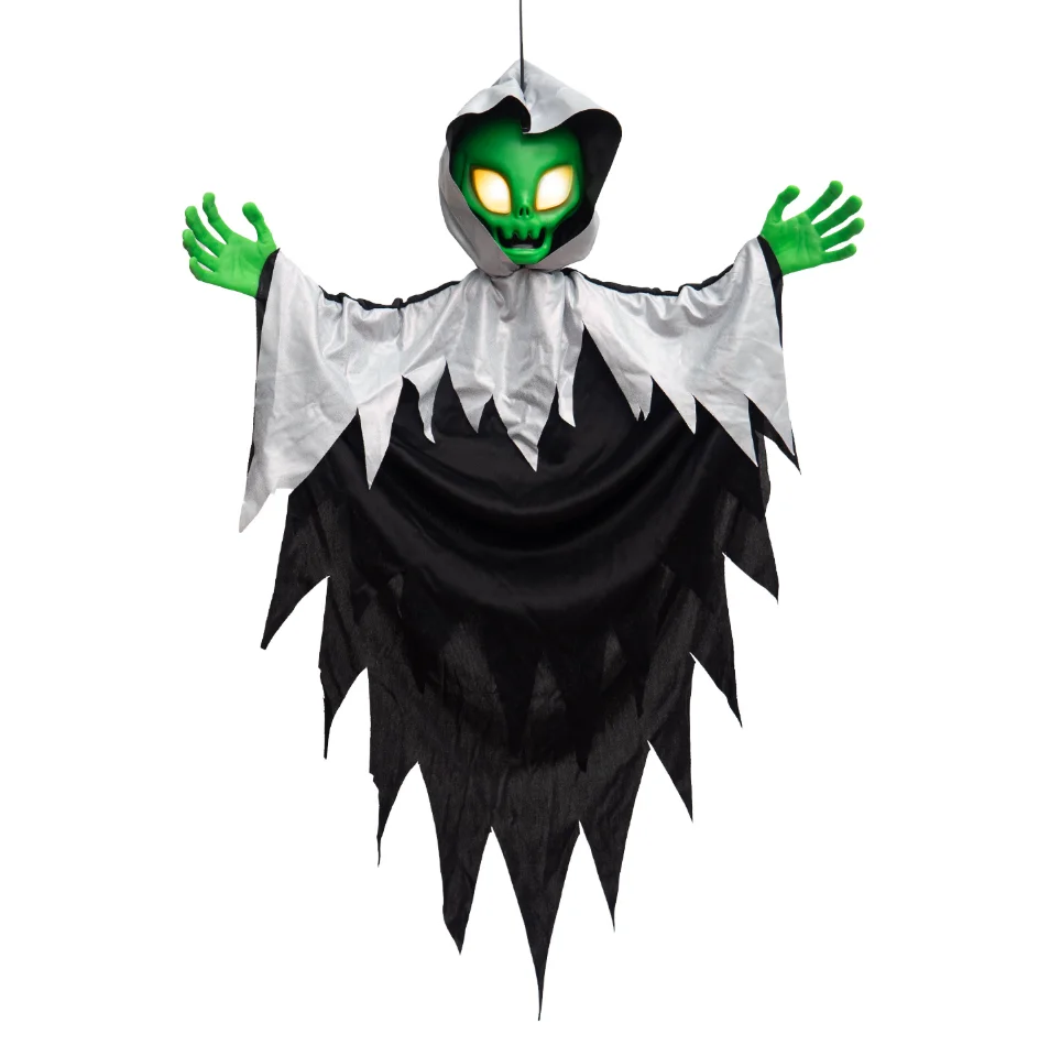 Halloween Party Decor Hanging Ghost with Glowing Green Eyes Scary Fabric Ghost Ornament for Porch Yard Tree Haunted House Scene