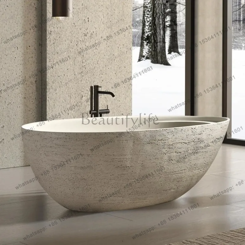 Custom Natural Beige Roman Travertine Bathtub Freestanding Soaking Tub Luxury Villa Hotel Easy Clean Heat Retaining