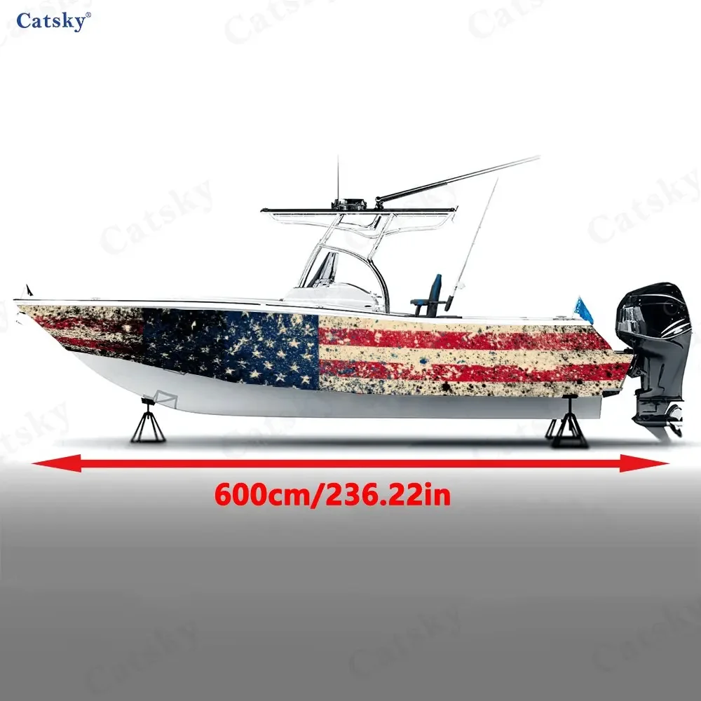 2Pcs Distressed Stars & Stripes Boat Stickers, PVC Waterproof Vinyl Wrap Decals for Fishing Boats, Durable and Stylish Design