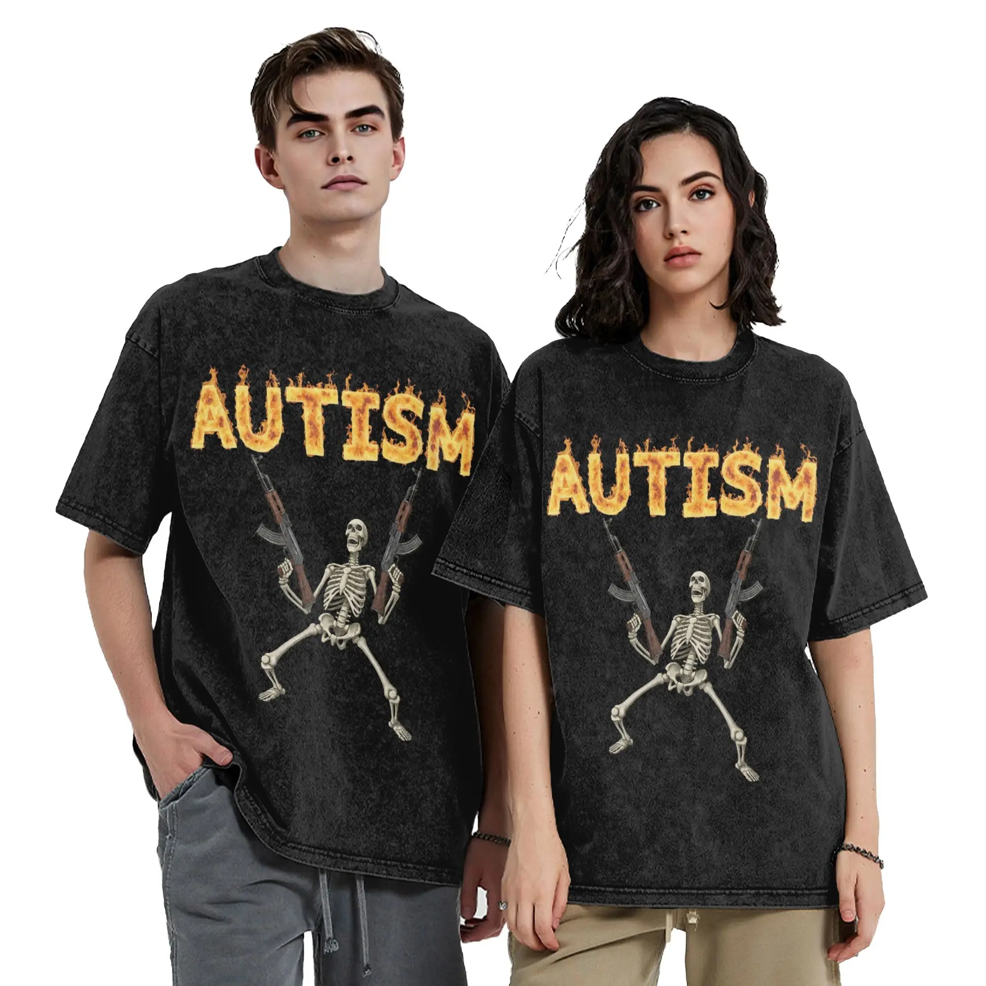 Washed T Shirts Autism Warrior Skeleton Hip Hop T-Shirts Harajuku  Streetwear Graphic Printed Tops Tee Shirt for Men Women