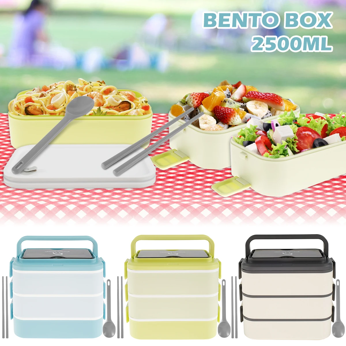 Bento Box 2500ml Lunch Box Stackable 3 Layers Lunch Containers Leak-Proof Bento Lunch Box Reusable Lunch Box BPA Free Food