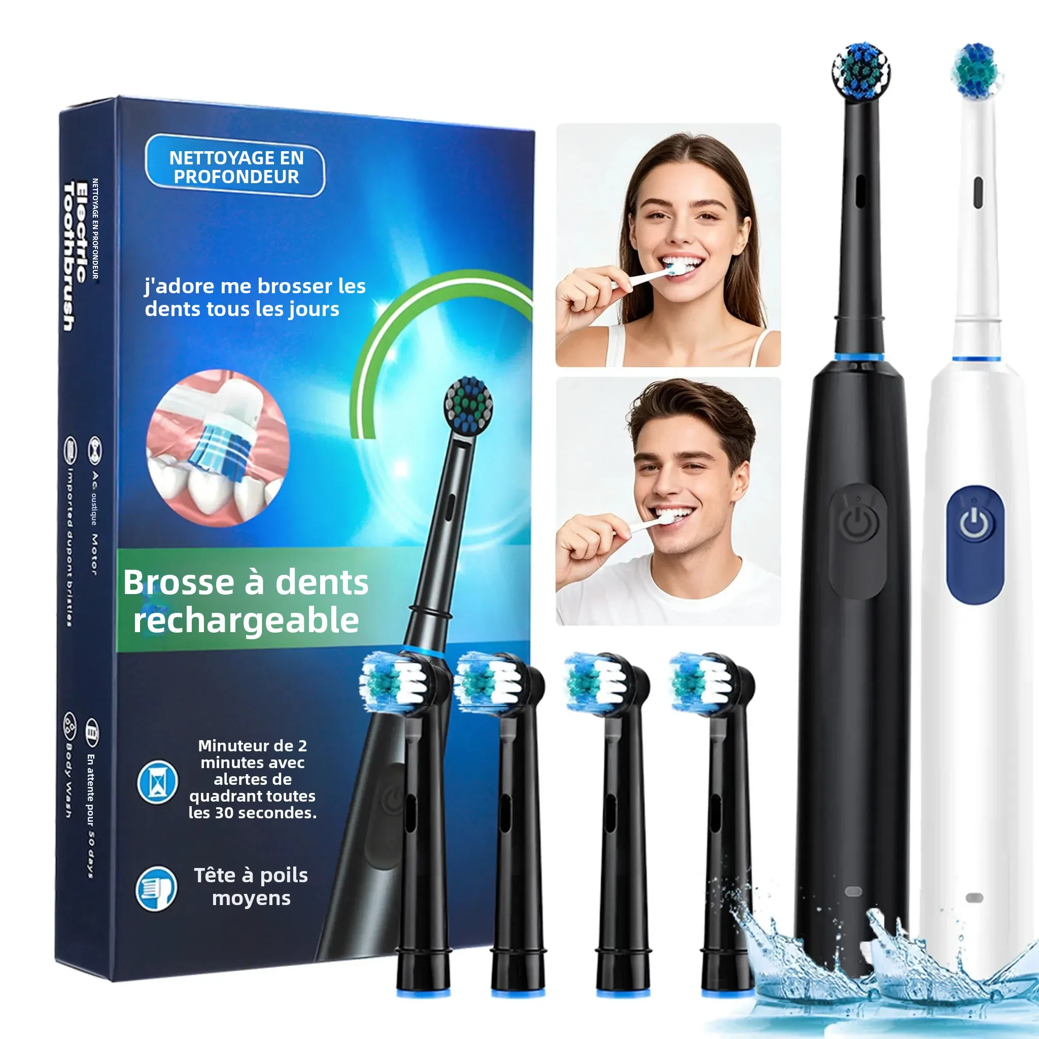 Brosse à dents électrique rotative, nettoyage en profondeur, blanchiment des dents, soins bucco-dentaires, brosse à dents pour adulte, étanche IP67, avec 4 têtes de rechange, rechargeable par USB