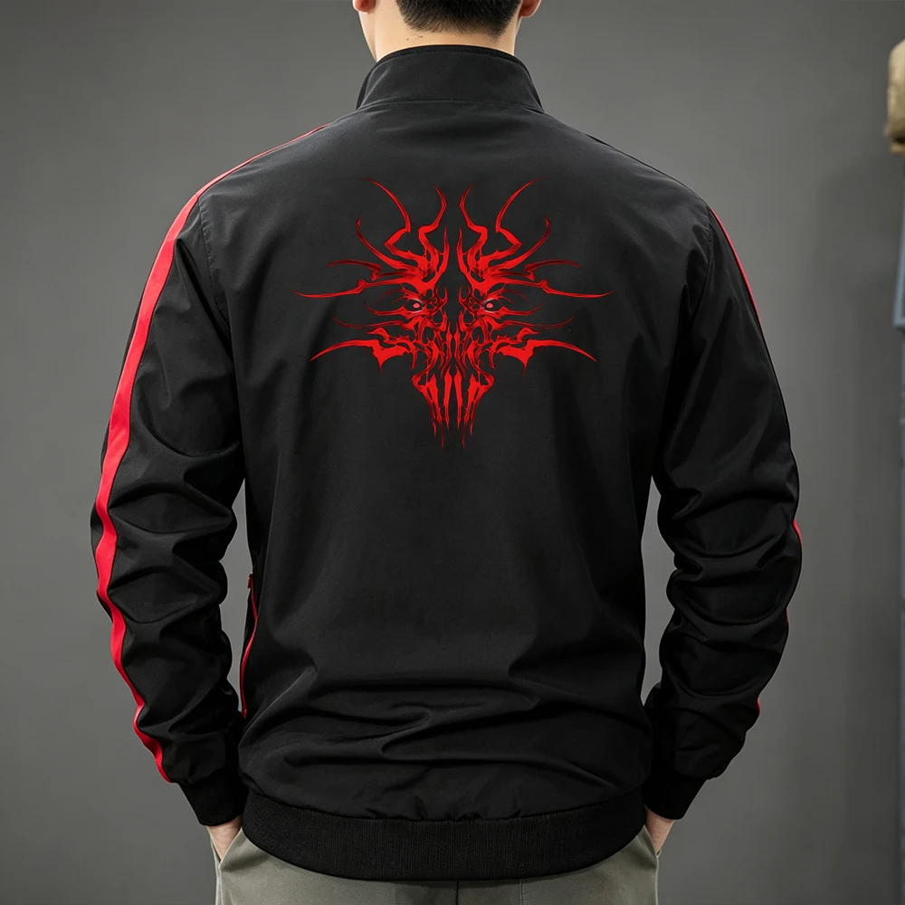 Men's Sport Stand Collar Track Jacket Red Side Striped Full Zip Up Coat Red Spike Demon Print Casual Streetwear Running Tops