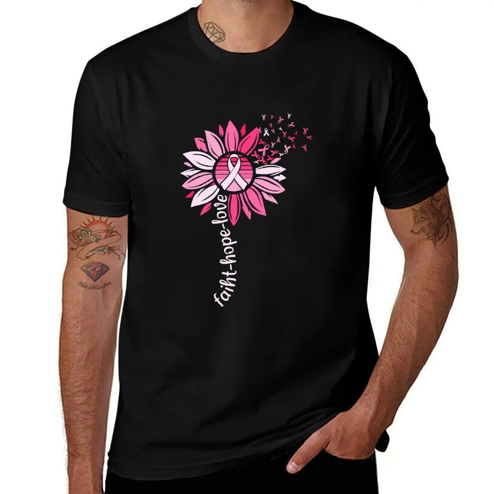 T-shirt rose mignon à manches courtes, motif tournesol, pour la sensibilisation au cancer du sein, avec les messages Faith Hope Love, style mode décontracté