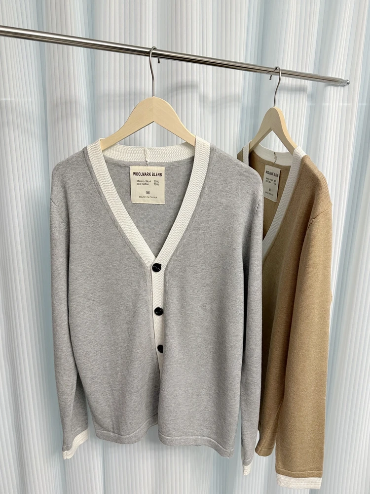 

Высококачественный легкий контрастный цветной вязаный открытый кардиган с v-образным вырезом, повседневный мужской свитер из мериносовой шерсти, осенний сезон, длинный све